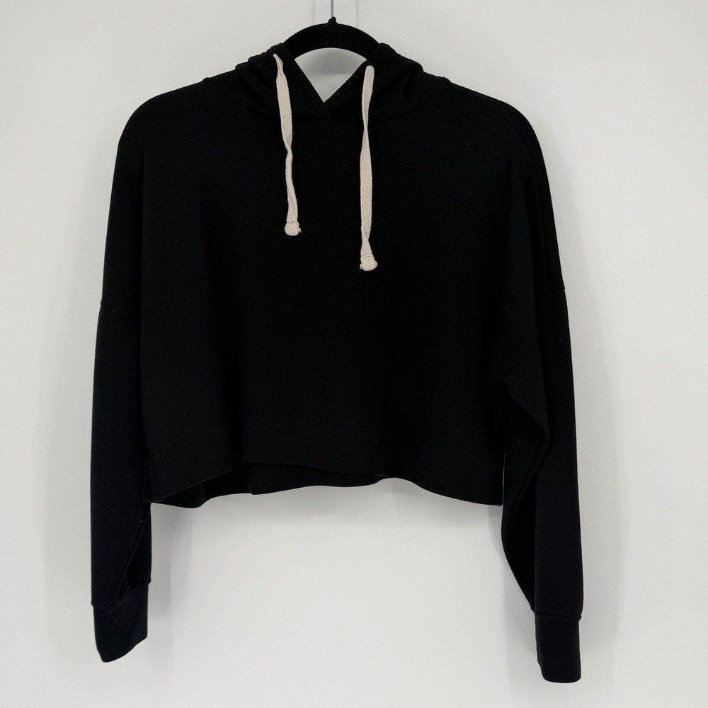Happily Grey Womens Small Black Cropped Hoodie Thumbhole Cuffs Modal Sweatshirt